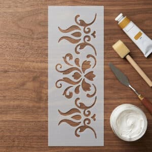 3D Stencil Sorminta 04 nyújtott 9,5x24 cm-es 0,5 mm vastag barokk-reneszánsz középdíszes és szimmetrikus damaszkusz indás sormintázatú professzionális műanyag sablon stukkó hatáshoz és strukturáló pasztához