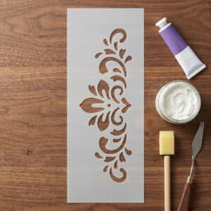 3D Stencil Sorminta 05 nyújtott 9,5x24 cm-es 0,5 mm vastag francia liliomos és szimmetrikus damaszkusz indás sormintázatú professzionális műanyag sablon stukkó hatáshoz és strukturáló pasztához