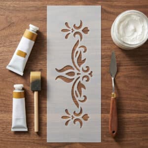 3D Stencil Sorminta 06 nyújtott 9,5x24 cm-es 0,5 mm vastag barokk középdíszes és szimmetrikus rokokó indás sormintázatú professzionális műanyag sablon stukkó hatáshoz és strukturáló pasztához