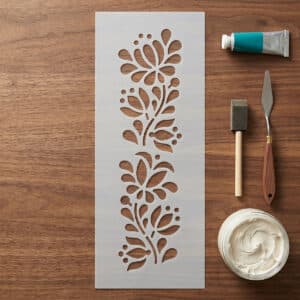 3D Stencil Sorminta 11 nyújtott 9,5x24 cm-es 0,5 mm vastag magyaros indás és virágos sormintázatú professzionális műanyag sablon stukkó hatáshoz és strukturáló pasztához