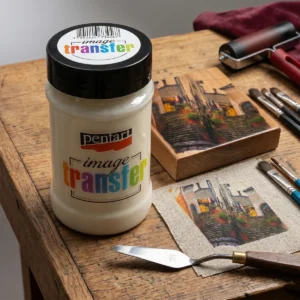 Pentart image transfer gél 100 ml-es tégelyes kiszerelésben krémes állagú vízbázisú képátviteli transzfermédium fotók és feliratok fára történő transzferálásához