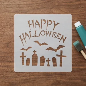 FN-DECO Media Stencil No 050 Happy Halloween és temető 14,5x14,5 cm-es méretben 0,2 mm vastag áttetsző rugalmas mosható műanyag Mixed Media sablon halloweeni felirattal denevérekkel és sírkövekkel